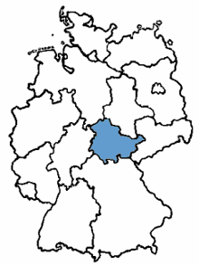 map showing the eastern state of Thueringen within Germany.
